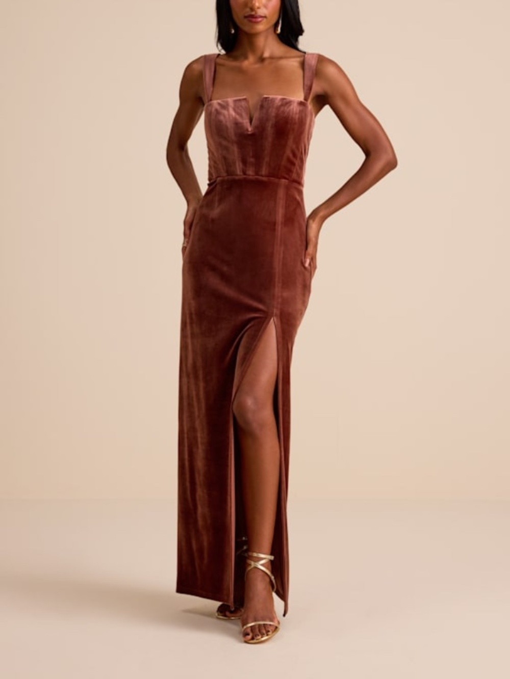 Lulus Pristine Luxury Dark Mauve Velvet Bustier Maxi Dress Brown - Size S